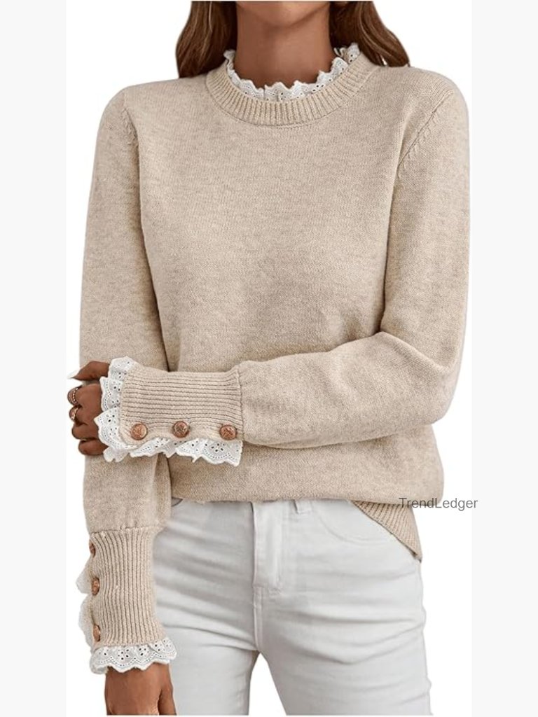 Lace Peplum Mock Neck Pullover Sweater Cozy Fall Knit
